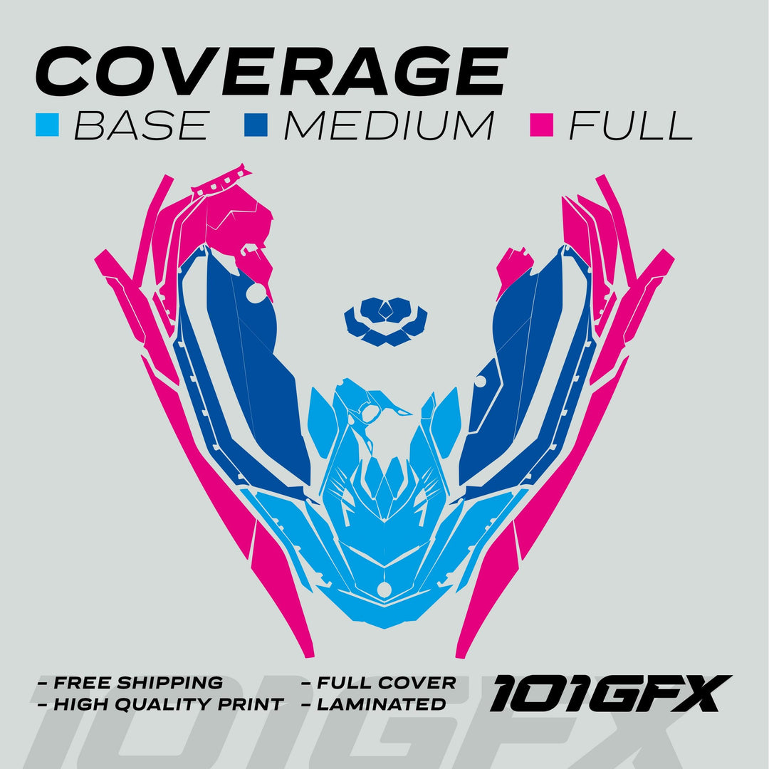 Sea Doo Spark Graphics kit RAYS BLACK GREY mock-up with color-coded coverage options and highlights: Free Shipping, High Quality Print, Full Cover, Laminated.