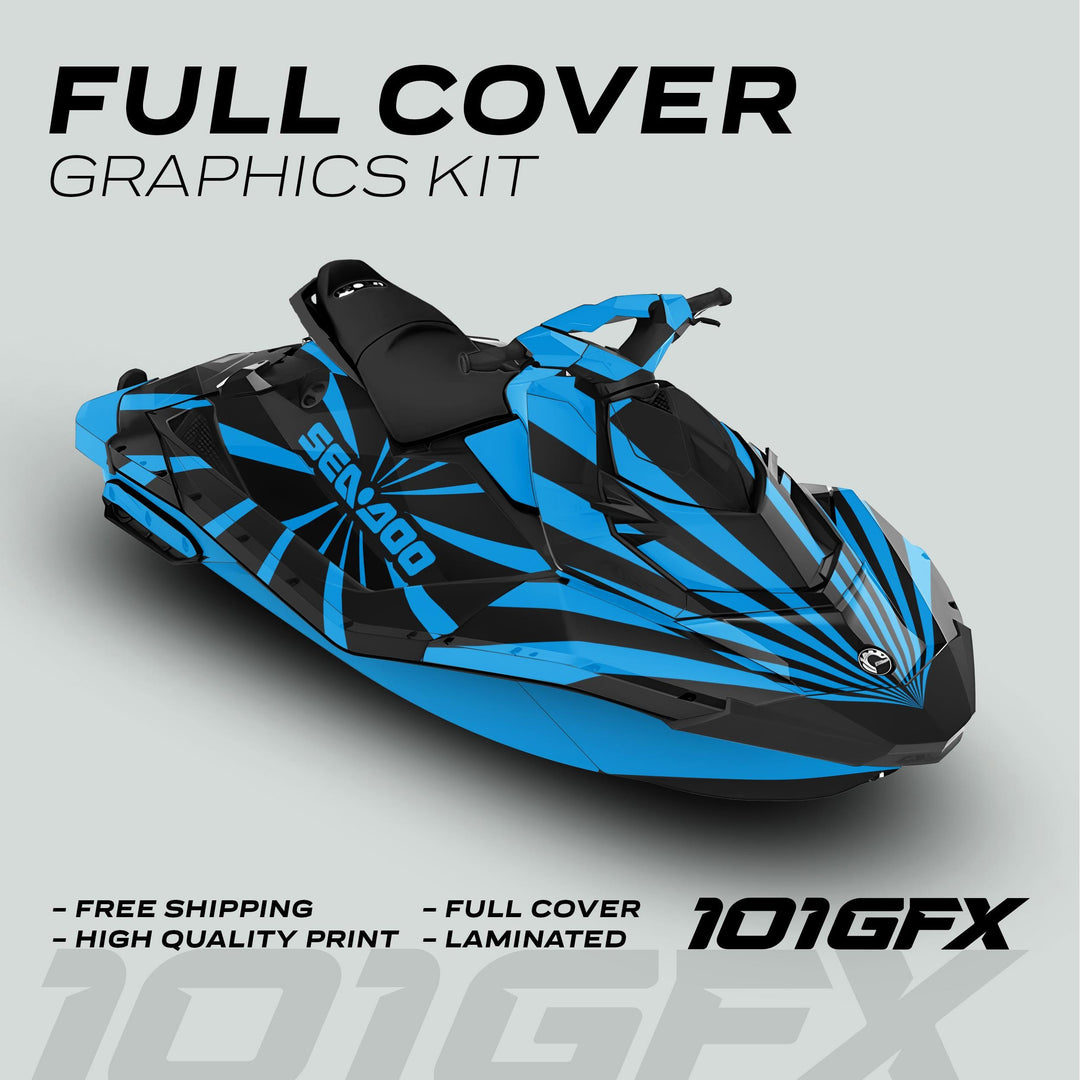 Sea Doo Spark Graphics Kit RAYS BLACK CYAN displayed on a watercraft, showcasing a bold sunburst pattern; highlights include full coverage, easy installation, and weather resistance.