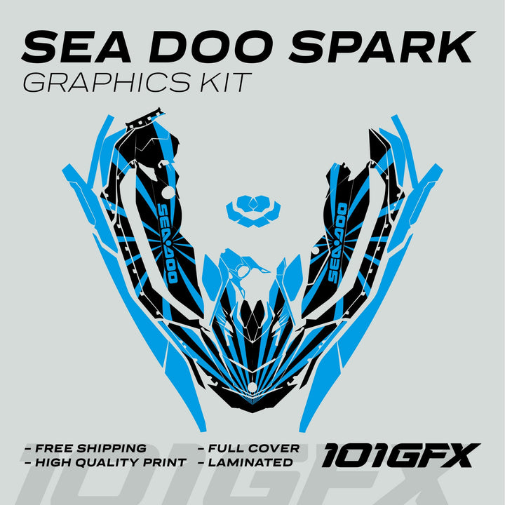 Sea Doo Spark Graphics Kit RAYS BLACK CYAN with blue-and-black vinyl decals, enhancing watercraft aesthetics; features include durability, easy installation, full cover, and vibrant design.