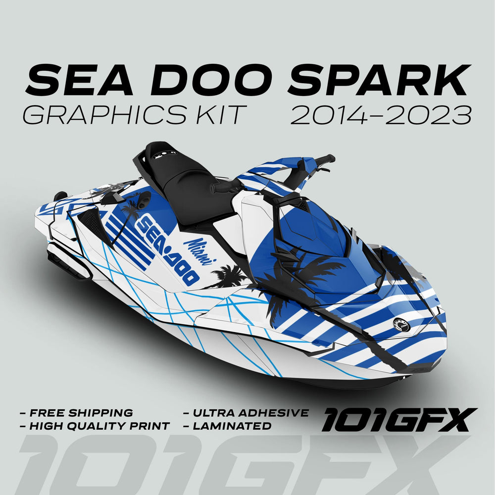 Sea Doo Spark Graphics Kit MIAMI WHITE BLUE featuring palm-tree silhouettes and diagonal stripes, highlighted by features like free shipping and ultra adhesive quality.