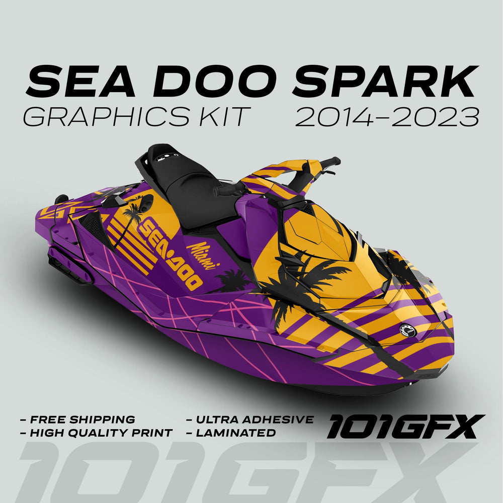 Sea Doo Spark Graphics Kit MIAMI PURPLE YELLOW: 3D-rendered decal set with diagonal stripes, palm-tree silhouettes. Promotes durability, easy application, and vibrant personalization.