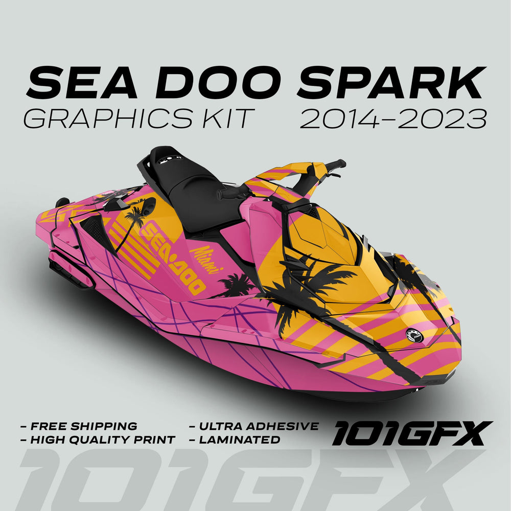 Sea Doo Spark Graphics Kit MIAMI PINK YELLOW, featuring palm-tree silhouettes and angular stripes, includes benefits of free shipping, high quality, ultra adhesive, and laminated.