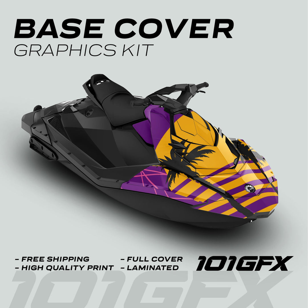 Sea Doo Spark Graphics Kit MIAMI PURPLE YELLOW on a jet-ski, showcasing palm-tree motifs and stripes, emphasizing durability and personalization with vibrant, protective vinyl wrap.