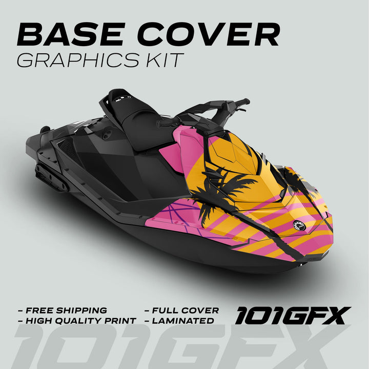 Sea Doo Spark Graphics Kit MIAMI PINK YELLOW displayed on a jet ski, featuring bold geometric stripes with palm-tree silhouettes, highlighting custom fit and vibrant design.