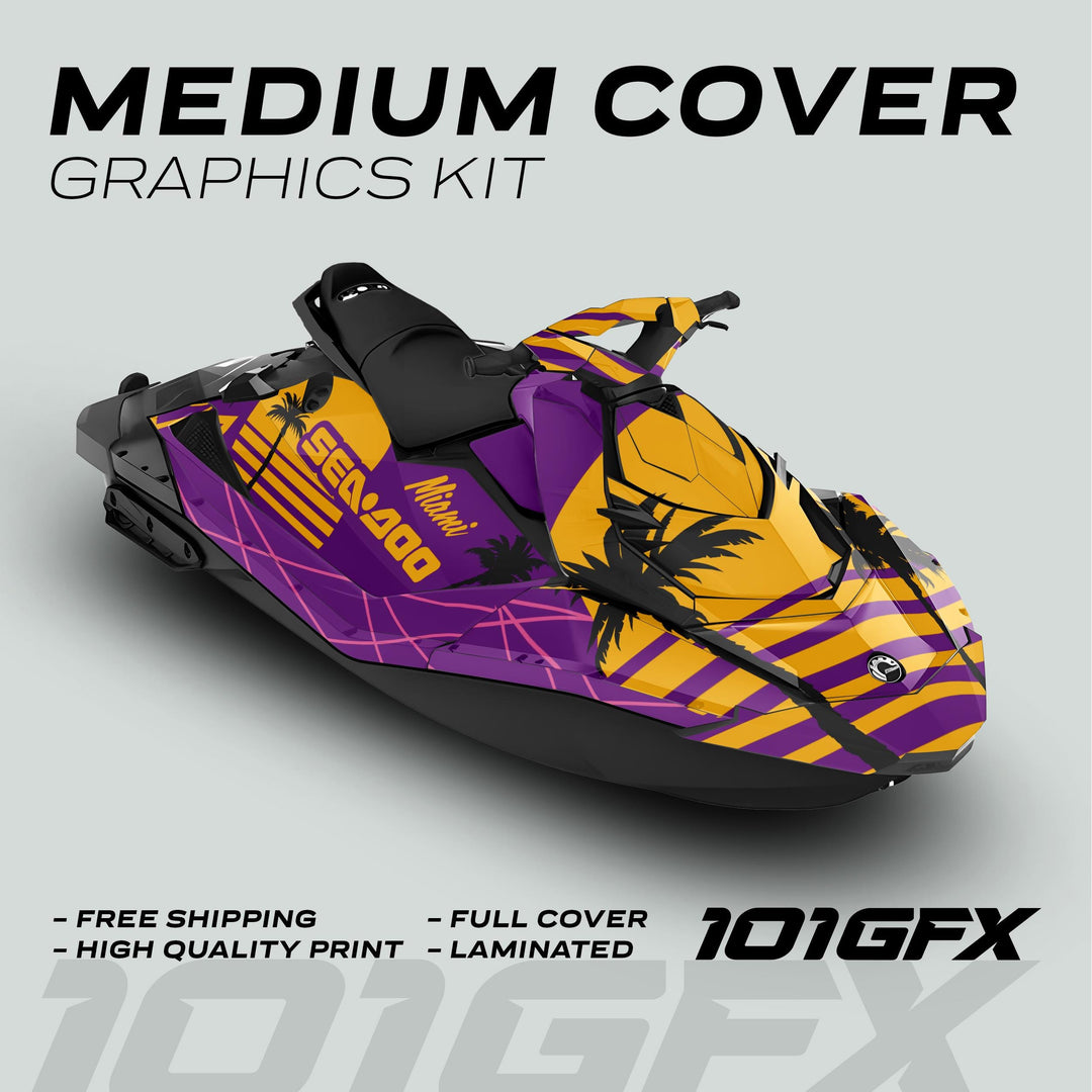 Sea-Doo Spark Graphics Kit MIAMI PURPLE YELLOW with bold palm-tree design, showcasing vibrant colors and durability for a personalized watercraft look.