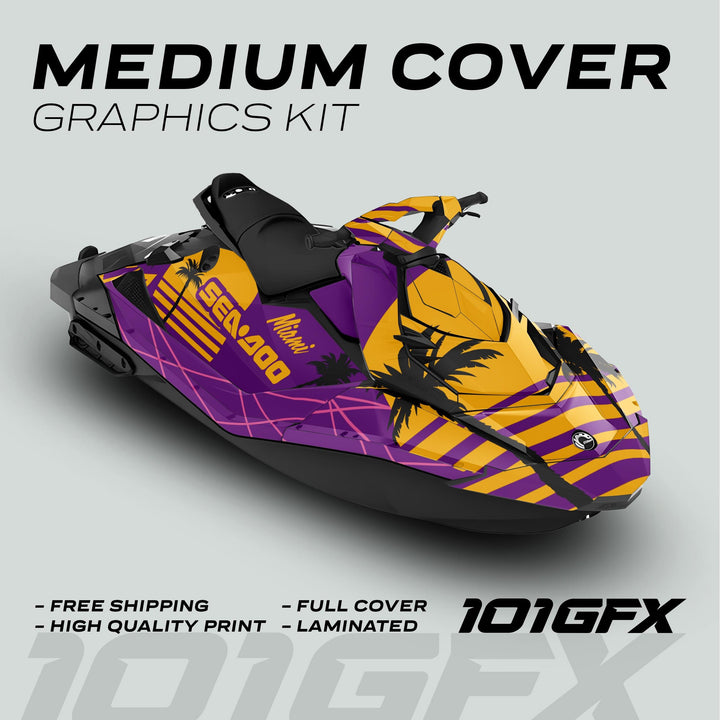Sea-Doo Spark Graphics Kit MIAMI PURPLE YELLOW with bold palm-tree design, showcasing vibrant colors and durability for a personalized watercraft look.