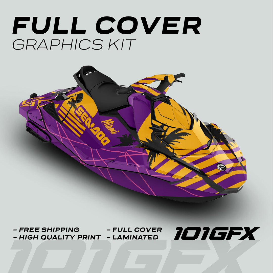 Sea Doo Spark Graphics Kit MIAMI PURPLE YELLOW on personal watercraft, featuring palm-tree silhouettes, bold striping, and touting free shipping and high-quality laminated print.
