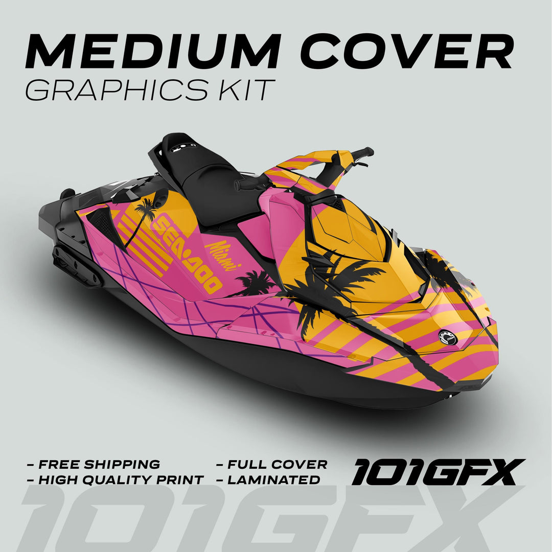 Sea Doo Spark Graphics Kit MIAMI PINK YELLOW featuring vibrant wrap with palm-tree silhouettes and geometric striping, highlighting marketing points like “High Quality Print” and “Free Shipping.”