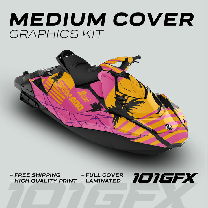 Sea Doo Spark Graphics Kit MIAMI PINK YELLOW featuring vibrant wrap with palm-tree silhouettes and geometric striping, highlighting marketing points like “High Quality Print” and “Free Shipping.”