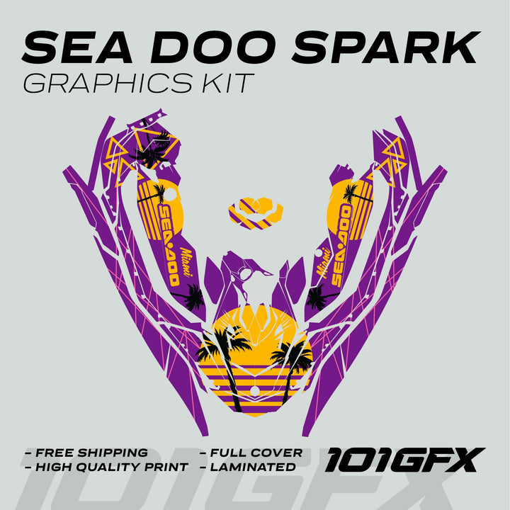 Sea Doo Spark Graphics Kit MIAMI PURPLE YELLOW featuring a full-wrap decal set with palm tree motifs, showcasing durability and vibrant design elements for personalization.