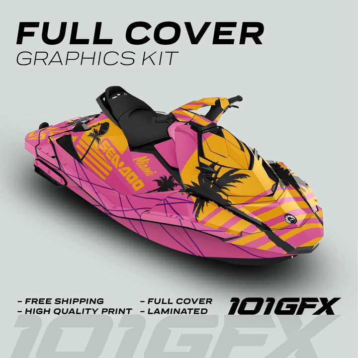 Sea Doo Spark Graphics Kit MIAMI PINK YELLOW displayed on jet ski, featuring vibrant palm-tree design. Highlights: Free Shipping, High Quality Print, Full Cover, Laminated.