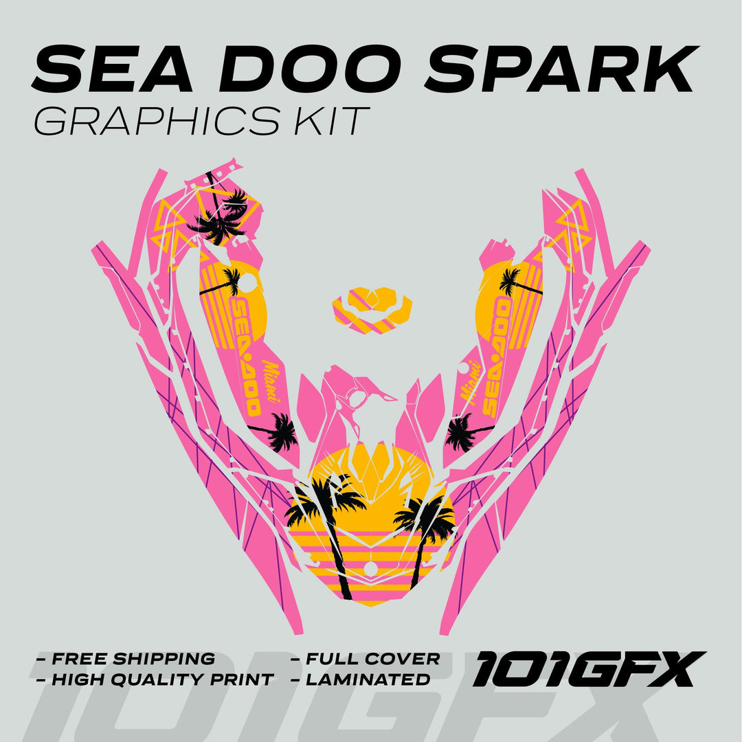 Sea Doo Spark Graphics Kit MIAMI PINK YELLOW, featuring palm-tree silhouettes and stripes, offers a custom fit and vibrant design for personalizing your Sea Doo Spark.