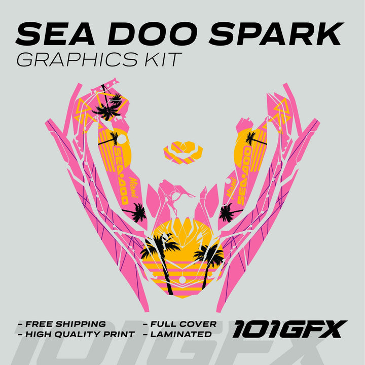 Sea Doo Spark Graphics Kit MIAMI PINK YELLOW, featuring palm-tree silhouettes and stripes, offers a custom fit and vibrant design for personalizing your Sea Doo Spark.