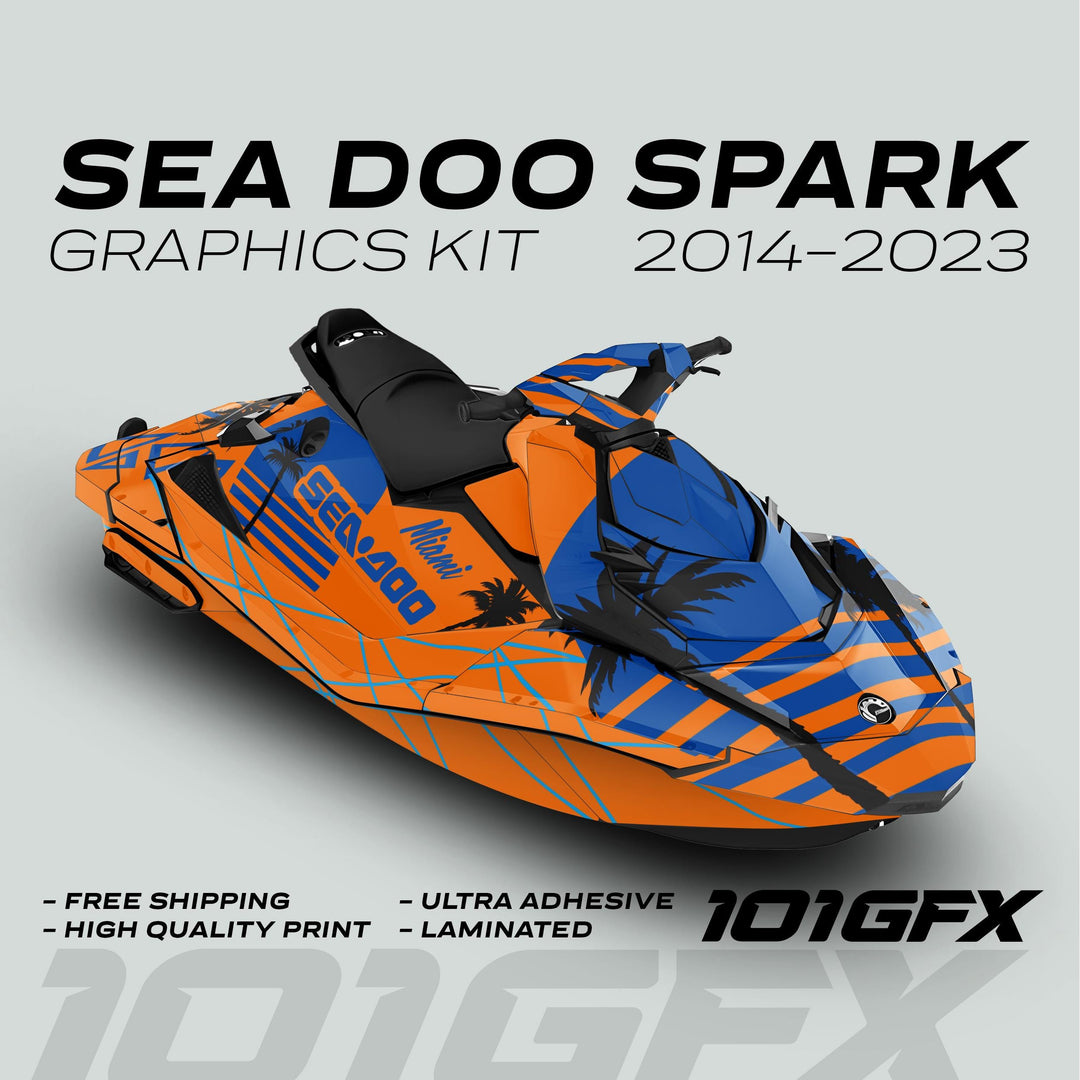 Sea Doo Spark Graphics Kit MIAMI ORANGE BLUE: Bold orange-blue decal with angular stripes, palm-tree silhouettes; features free shipping, high-quality print, ultra adhesive, laminated protection.