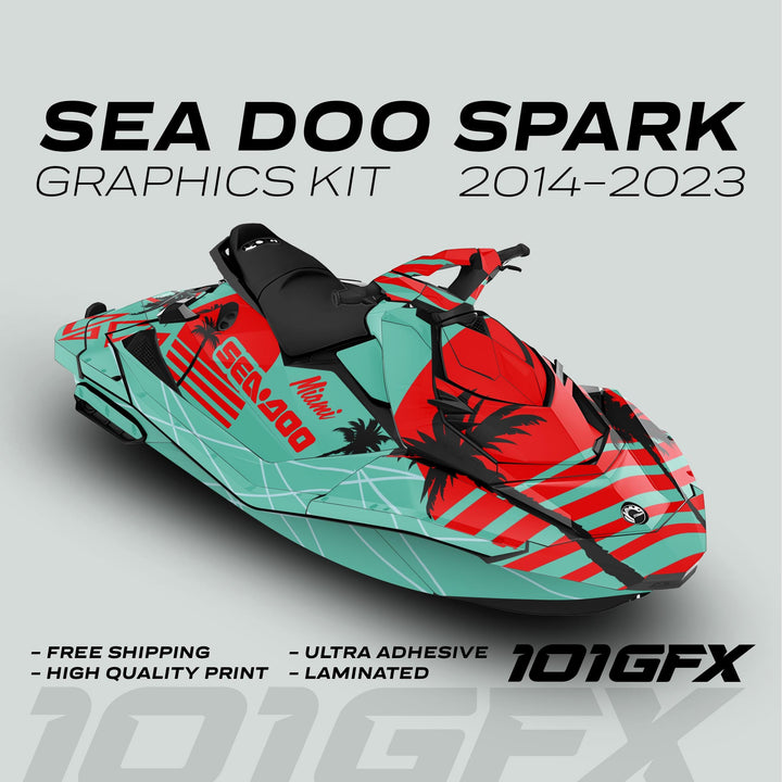 Sea Doo Spark Graphics Kit MIAMI MINT RED featuring bold red and teal livery with palm-tree silhouettes, showcasing premium quality and easy application decals.