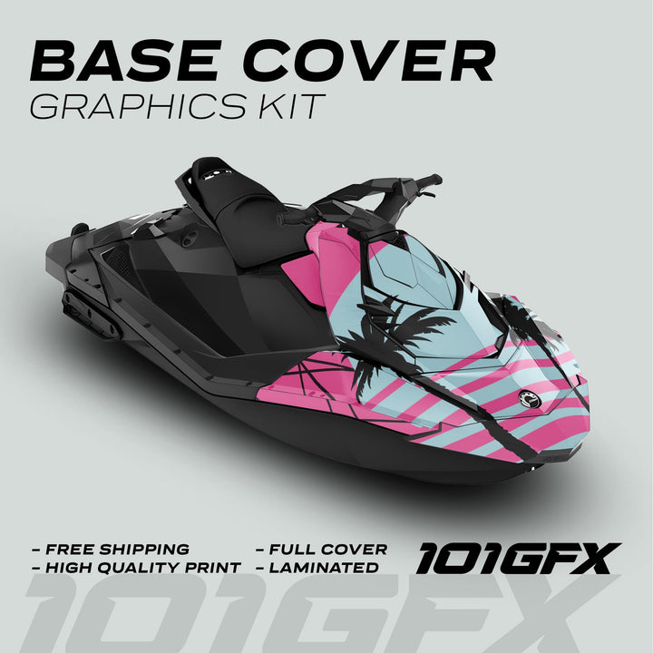 Sea Doo Spark Graphics Kit MIAMI PINK MILKY on a jet ski, showcasing a vibrant tropical palm design with callouts for quality, full coverage, and free shipping.