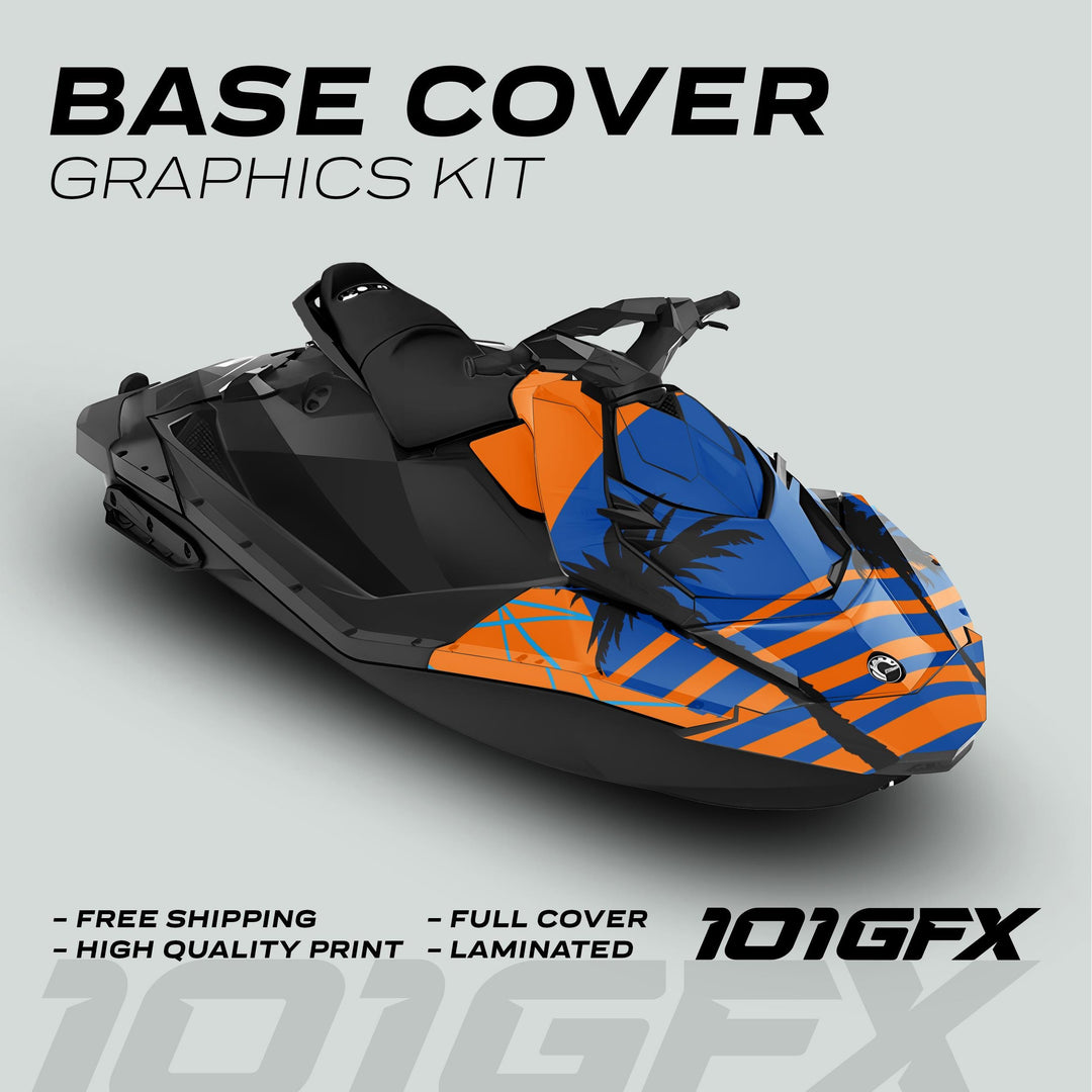 Sea Doo Spark Graphics Kit MIAMI ORANGE BLUE displayed on a jet ski, featuring bold stripes and palm-tree silhouettes, highlighting vibrant design and full-cover application.