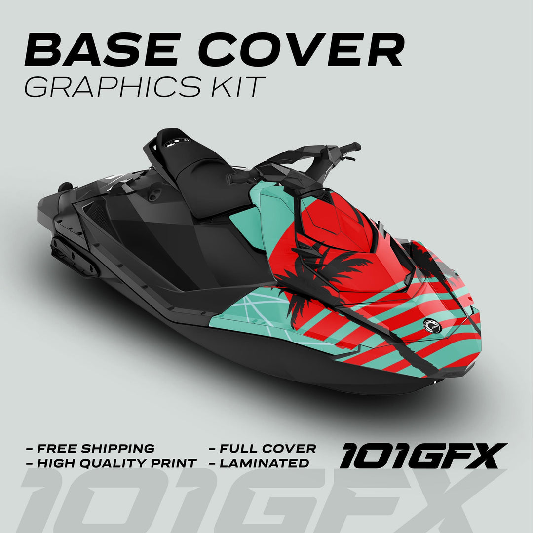 Sea Doo Spark Graphics Kit MIAMI MINT RED on a black jet-ski with retro red-teal stripes, palm silhouettes, promoting full-cover, laminated decals by 101GFX.