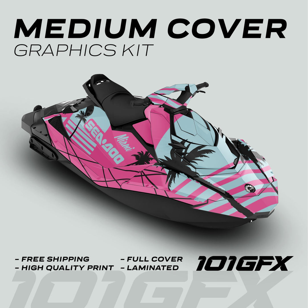 Sea Doo Spark Graphics Kit MIAMI PINK MILKY featuring turquoise and magenta panels with palm-tree silhouettes, advertised benefits include free shipping, high-quality print, full cover, laminated.