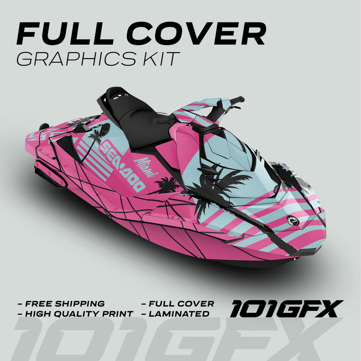 Sea Doo Spark Graphics Kit MIAMI PINK MILKY featuring bold pink and blue stripes with black palm-tree silhouettes, enhancing style and protection.