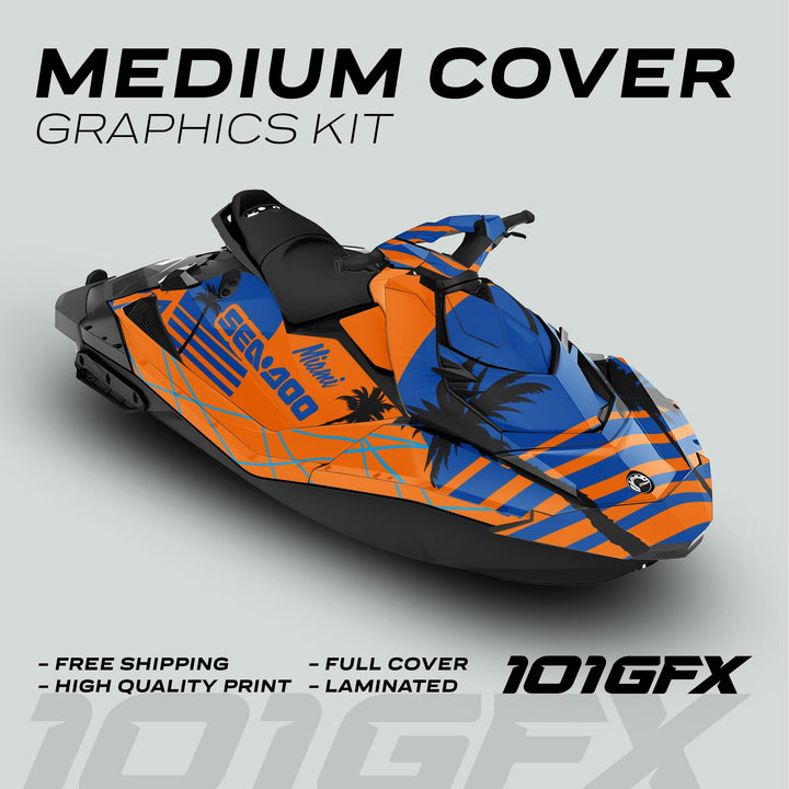 Sea Doo Spark Graphics Kit MIAMI ORANGE BLUE with bold palm-tree silhouettes, diagonal stripes, and Miami text, promoting durable, stylish personalization for Sea Doo watercraft.