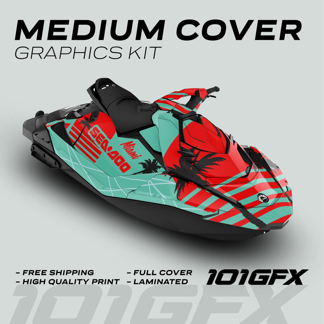Sea Doo Spark Graphics Kit MIAMI MINT RED showcasing a red-and-turquoise design with palm-tree silhouettes, Sea-Doo logo, and marketing callouts for quality and shipping.