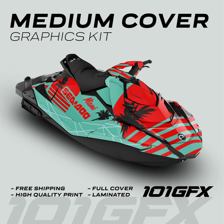 Sea Doo Spark Graphics Kit MIAMI MINT RED showcasing a red-and-turquoise design with palm-tree silhouettes, Sea-Doo logo, and marketing callouts for quality and shipping.