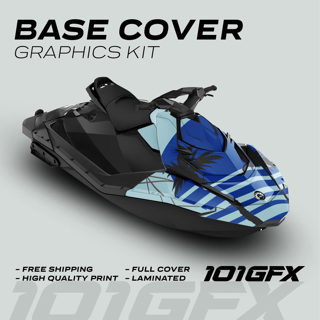 Sea Doo Spark Graphics Kit MIAMI MILKY BLUE on jet ski, featuring blue-black stripes and palm-tree motifs, offers full cover, high-quality print, and easy application.
