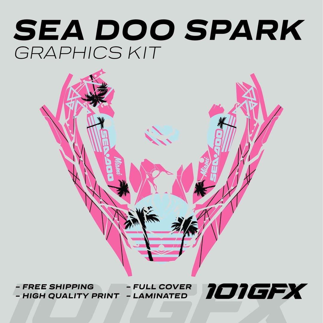 Sea Doo Spark Graphics Kit MIAMI PINK MILKY, featuring bold decals with palm-tree silhouettes, offers full cover, high quality, and easy installation for enhanced protection and style.