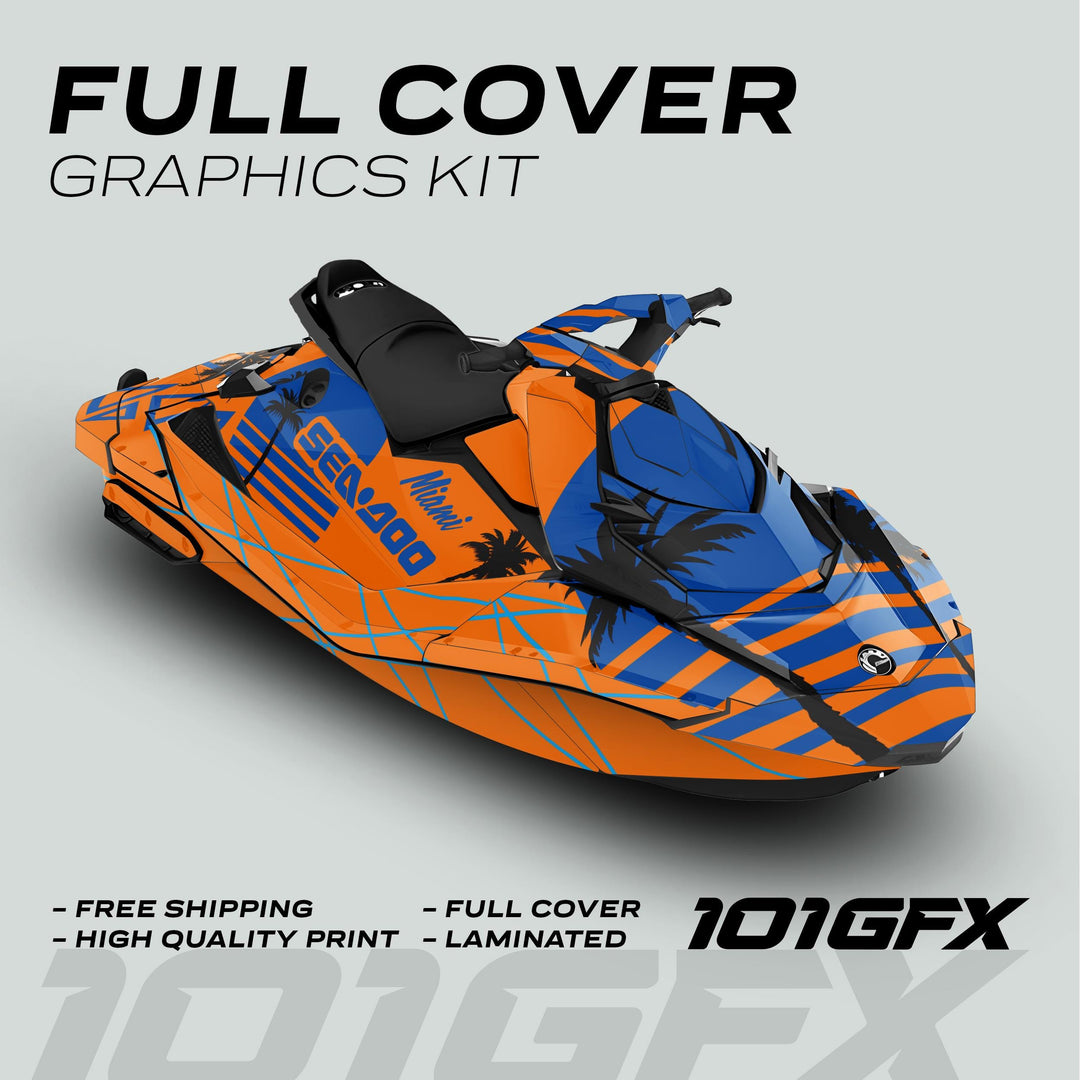 Sea Doo Spark Graphics Kit MIAMI ORANGE BLUE on a watercraft, featuring bold geometric stripes, palm-tree silhouettes, and Miami, highlighting durability, easy application, and vibrant design.