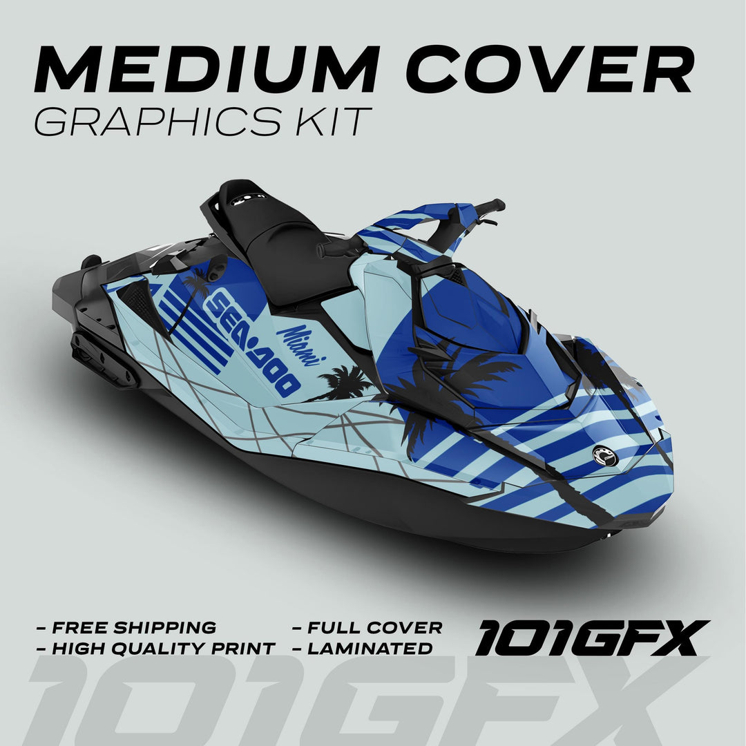 Sea Doo Spark Graphics Kit MIAMI MILKY BLUE, featuring blue palm tree design, offers high-quality, laminated decals for full coverage and easy personalization of your watercraft.
