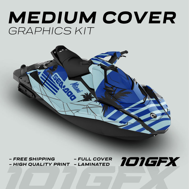 Sea Doo Spark Graphics Kit MIAMI MILKY BLUE, featuring blue palm tree design, offers high-quality, laminated decals for full coverage and easy personalization of your watercraft.