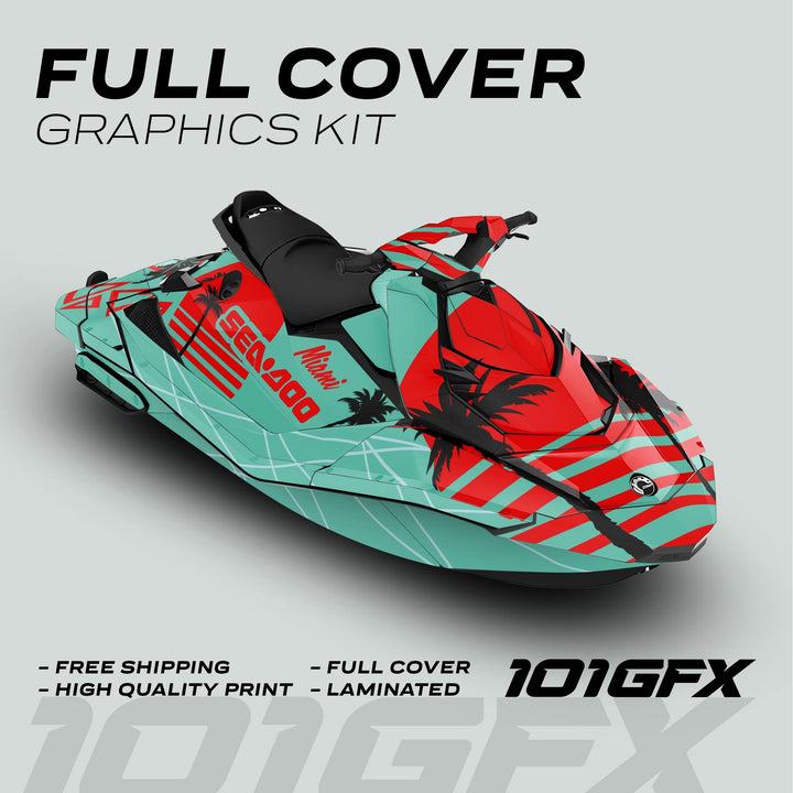 Sea Doo Spark Graphics Kit MIAMI MINT RED with teal and red palm designs, full cover, Sea-Doo logo, and selling points like Free Shipping and High Quality Print.
