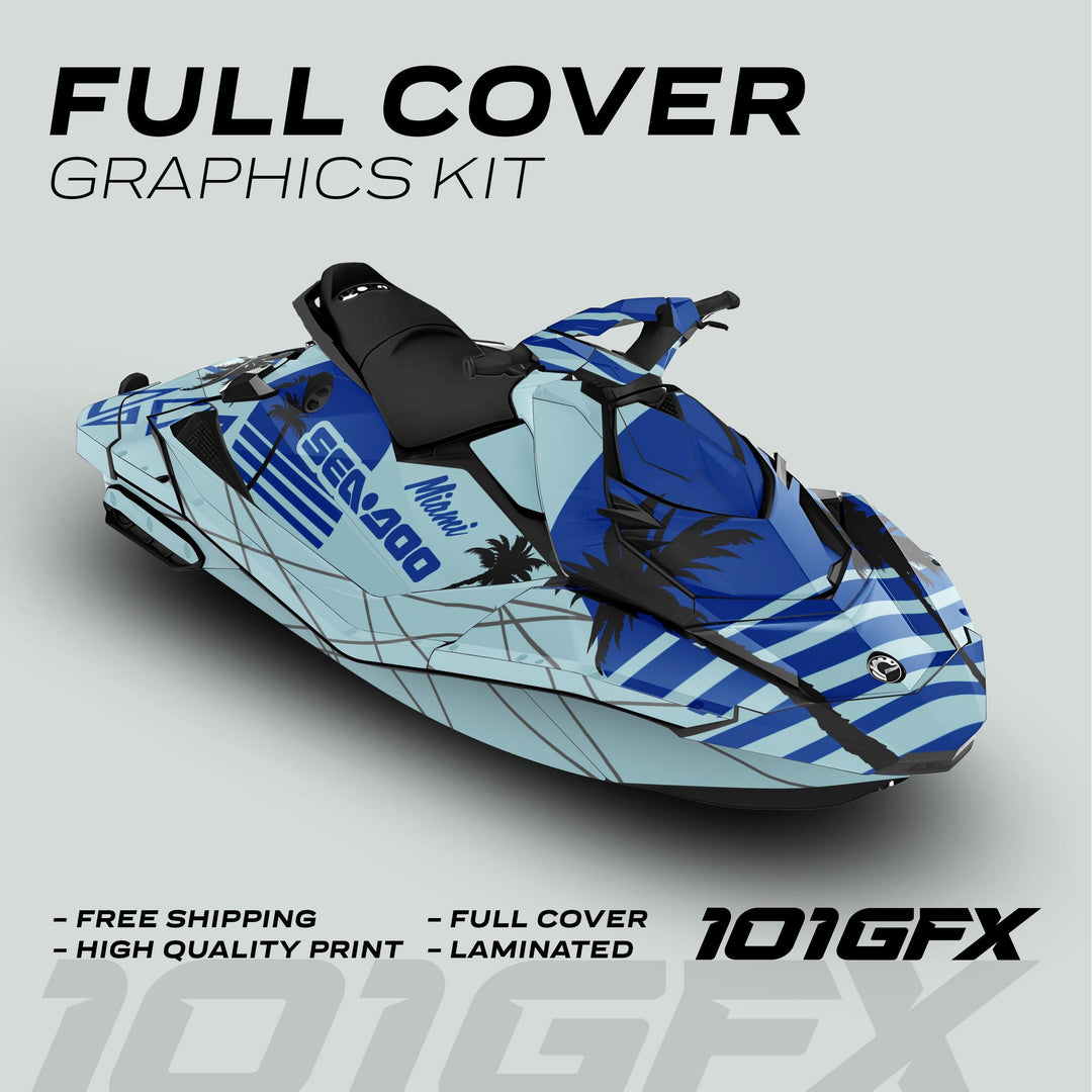 Sea Doo Spark Graphics Kit MIAMI MILKY BLUE featuring bold geometric stripes and palm silhouettes, highlighted with FULL COVER GRAPHICS KIT and benefits like free shipping and high-quality print.