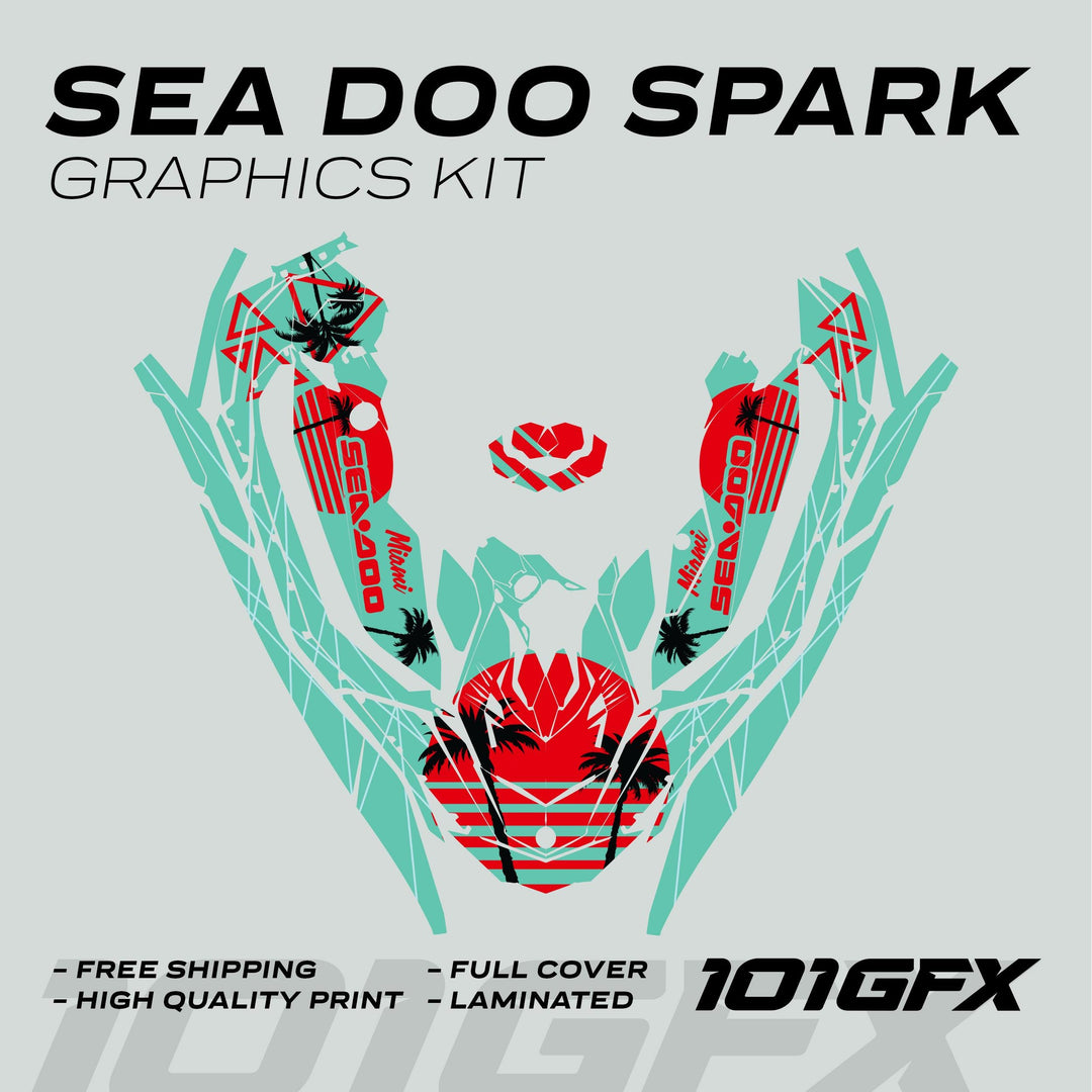 Sea Doo Spark Graphics Kit MIAMI MINT RED features a tropical design with palm trees and sunset stripes, highlighting Miami and SEA-DOO SPARK, plus quality callouts.