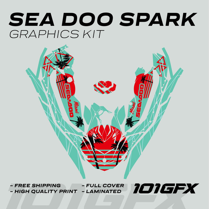 Sea Doo Spark Graphics Kit MIAMI MINT RED features a tropical design with palm trees and sunset stripes, highlighting Miami and SEA-DOO SPARK, plus quality callouts.