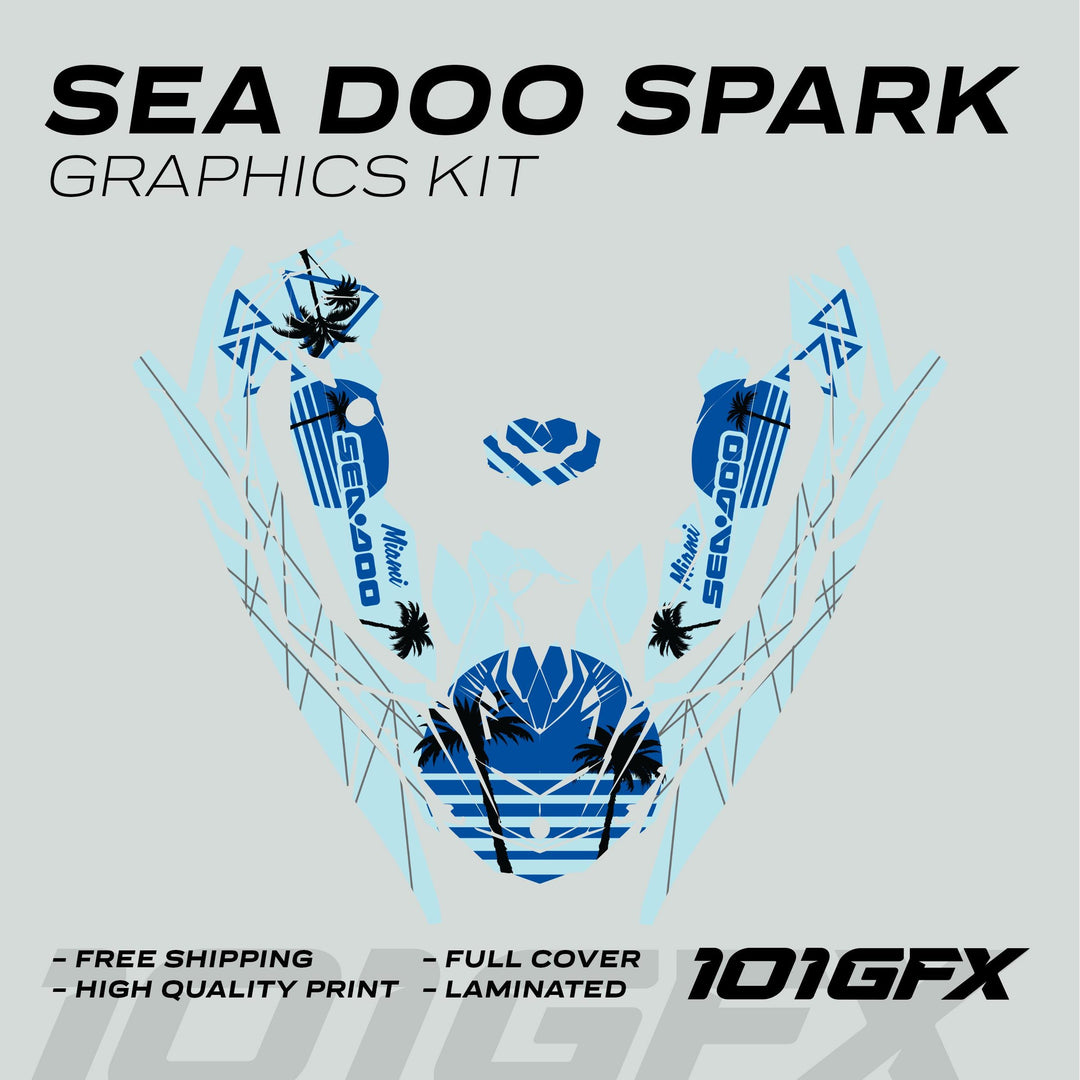 Sea Doo Spark Graphics Kit MIAMI MILKY BLUE decal-sheet with blue palm-tree and sunset-stripe motifs, featuring Sea-Doo and Miami logos, highlights free shipping and high-quality print.