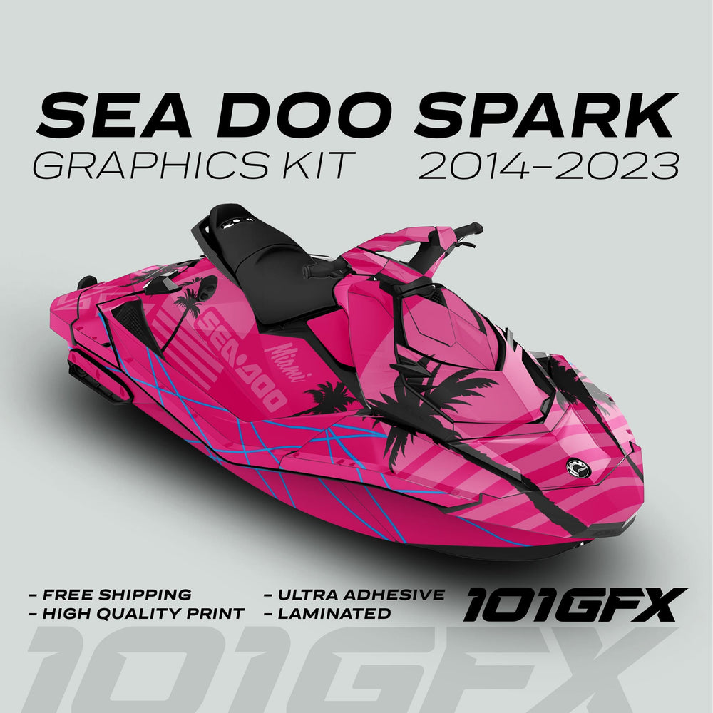 Sea Doo Spark Graphics Kit MIAMI MAGENTA PINK on a watercraft with palm-tree silhouettes, stripes, and blue lines, highlighting free shipping, quality, adhesion, and lamination.