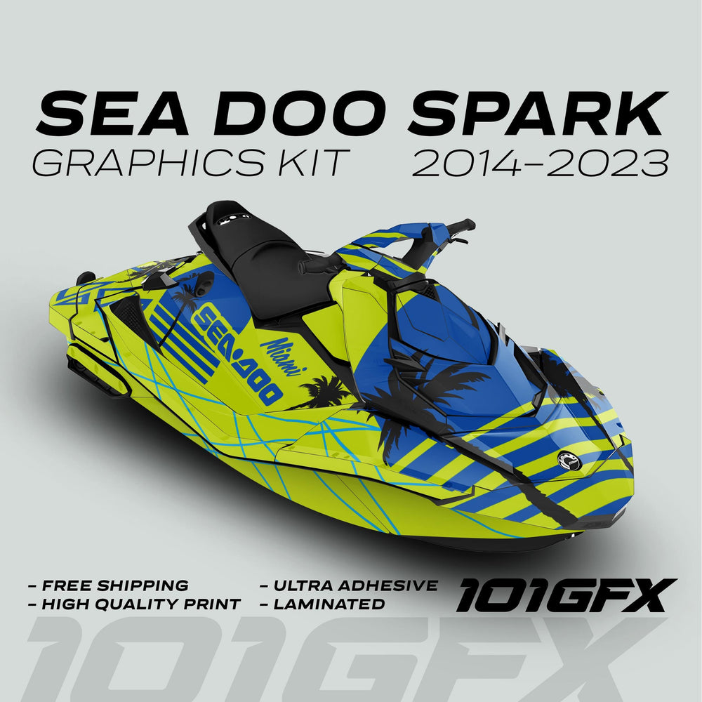 Sea Doo Spark Graphics Kit MIAMI GREEN BLUE on jet ski, featuring neon-yellow and blue stripes with palm-tree silhouettes, promoting free shipping and high-quality, ultra-adhesive vinyl.