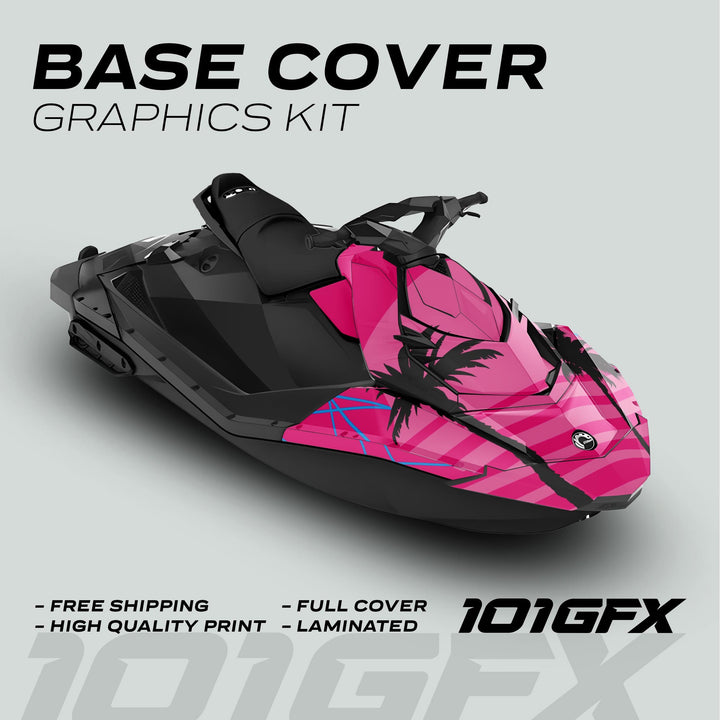Sea Doo Spark Graphics Kit MIAMI MAGENTA PINK featuring bold pink-and-black palm tree decals on a jet-ski, highlighting free shipping, high-quality print, and laminated finish.