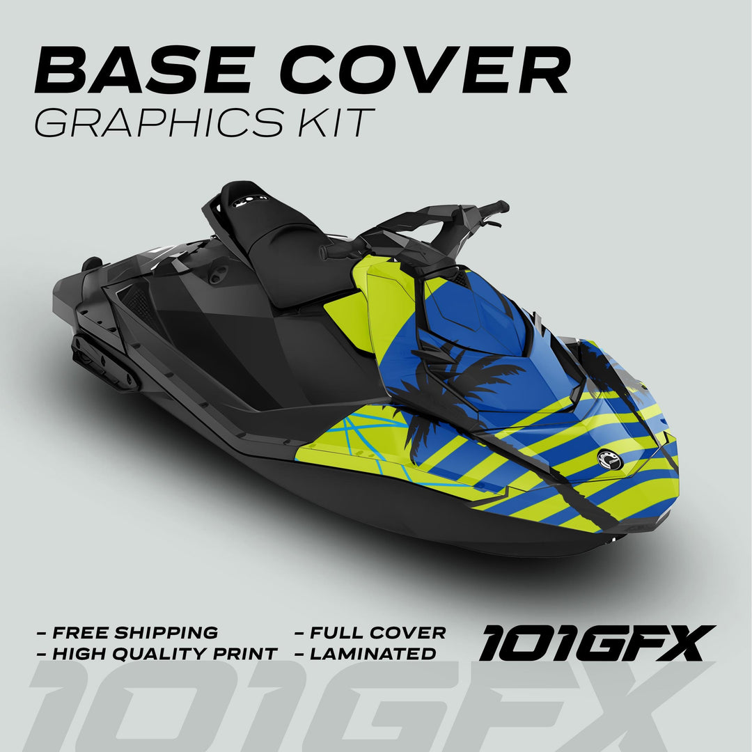 Sea Doo Spark Graphics Kit MIAMI GREEN BLUE on jet ski, featuring bright blue and neon yellow livery with palm silhouettes and stripes; includes full coverage and high-quality print.