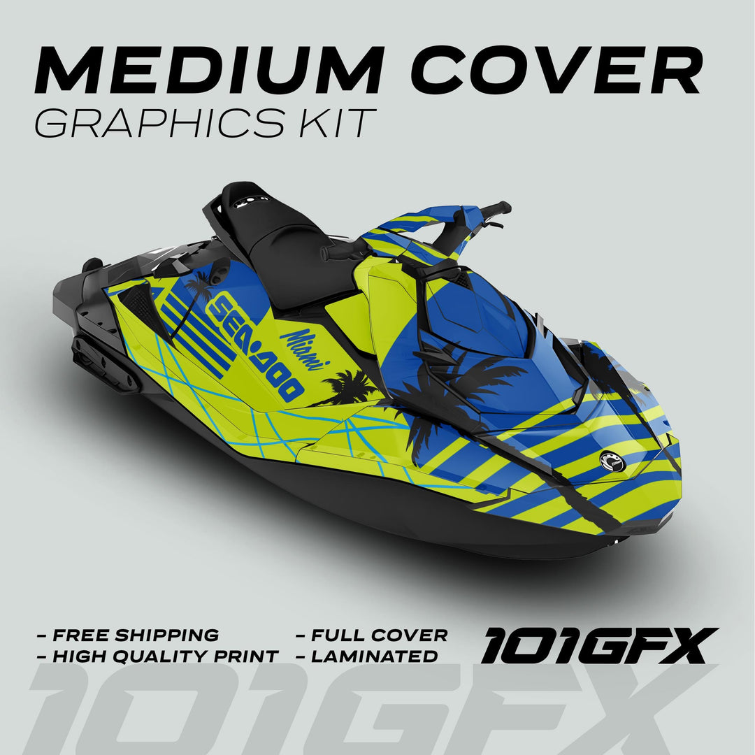 Sea Doo Spark Graphics kit MIAMI GREEN BLUE featuring lime-green, blue design with black palm-tree silhouettes and Miami lettering; includes free shipping, high quality, full cover, laminated.