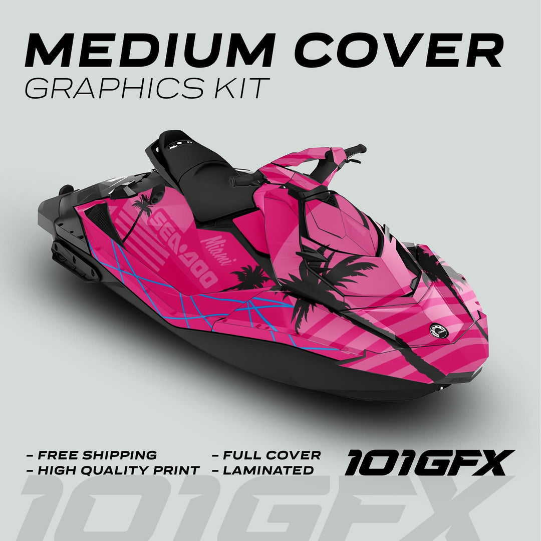 Sea Doo Spark Graphics Kit MIAMI MAGENTA PINK on jet ski with palm trees, geometric accents, and Miami text; features high-quality, full-cover, laminated design.