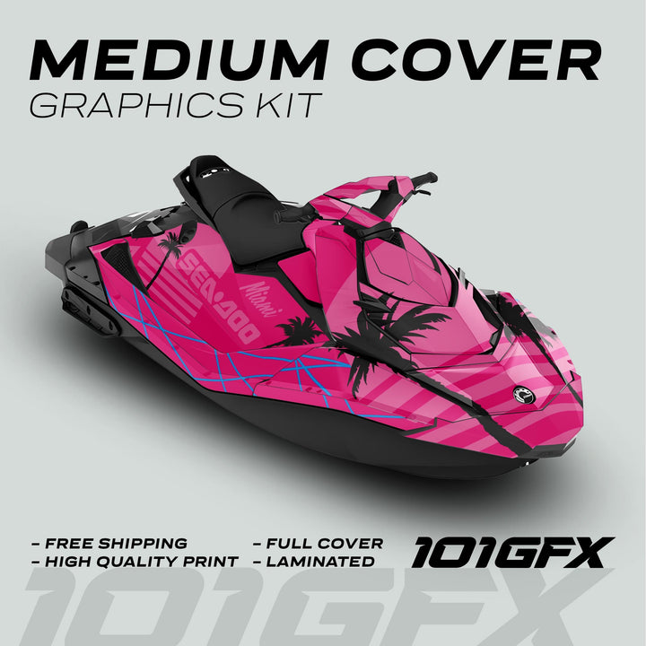 Sea Doo Spark Graphics Kit MIAMI MAGENTA PINK on jet ski with palm trees, geometric accents, and Miami text; features high-quality, full-cover, laminated design.