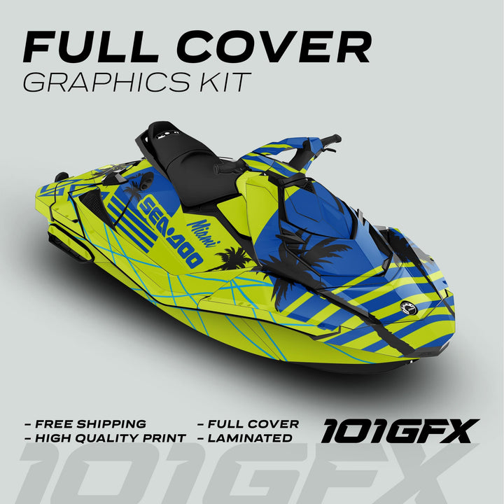 Sea Doo Spark Graphics kit MIAMI GREEN BLUE featuring bold, highlighter-yellow and cobalt-blue design with palm-tree silhouettes, offering full coverage and easy installation.