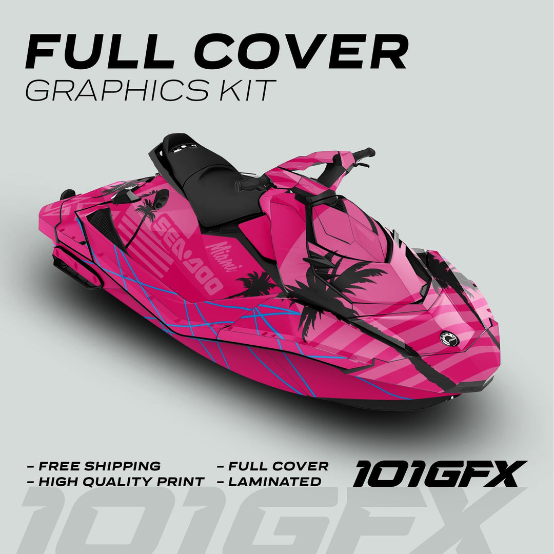 Sea Doo Spark Graphics Kit MIAMI MAGENTA PINK with black palm silhouettes, dynamic lines. Features: full cover, high-quality print, laminated, free shipping.