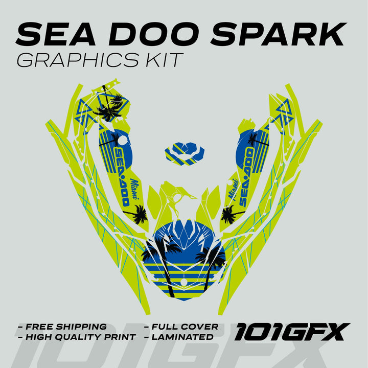 Sea Doo Spark Graphics Kit MIAMI GREEN BLUE with lime green and blue palm-tree designs, includes pre-cut vinyl pieces for complete watercraft coverage, promoting free shipping and high-quality print.