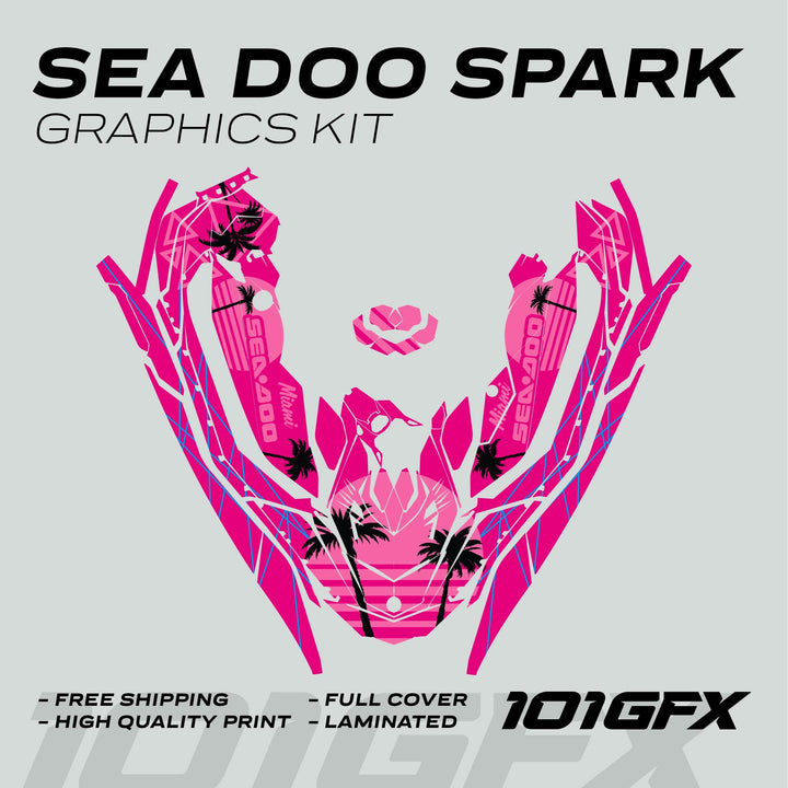 Sea Doo Spark Graphics Kit MIAMI MAGENTA PINK, full-cover hot-pink vinyl wrap with palm trees, sunset stripes, branded 101GFX, highlights durability, easy application, and free shipping.