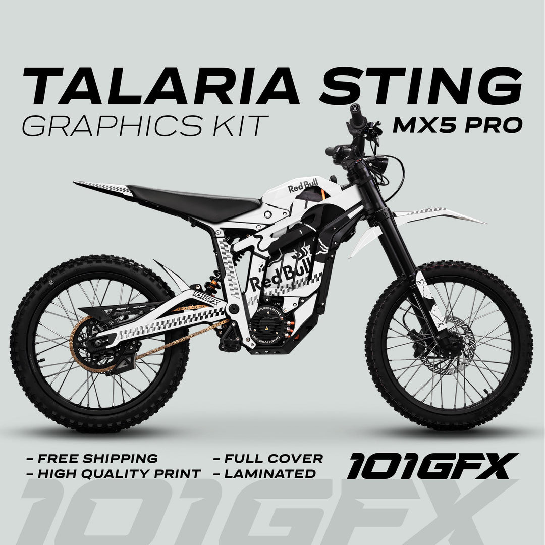 Talaria Sting MX5 PRO Graphics Kit RBULL MONO features a custom Red Bull-style livery on an electric dirt-bike, highlighting full coverage, laminated finish, and free shipping.