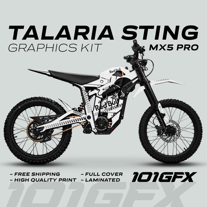 Talaria Sting MX5 PRO Graphics Kit RBULL MONO features a custom Red Bull-style livery on an electric dirt-bike, highlighting full coverage, laminated finish, and free shipping.